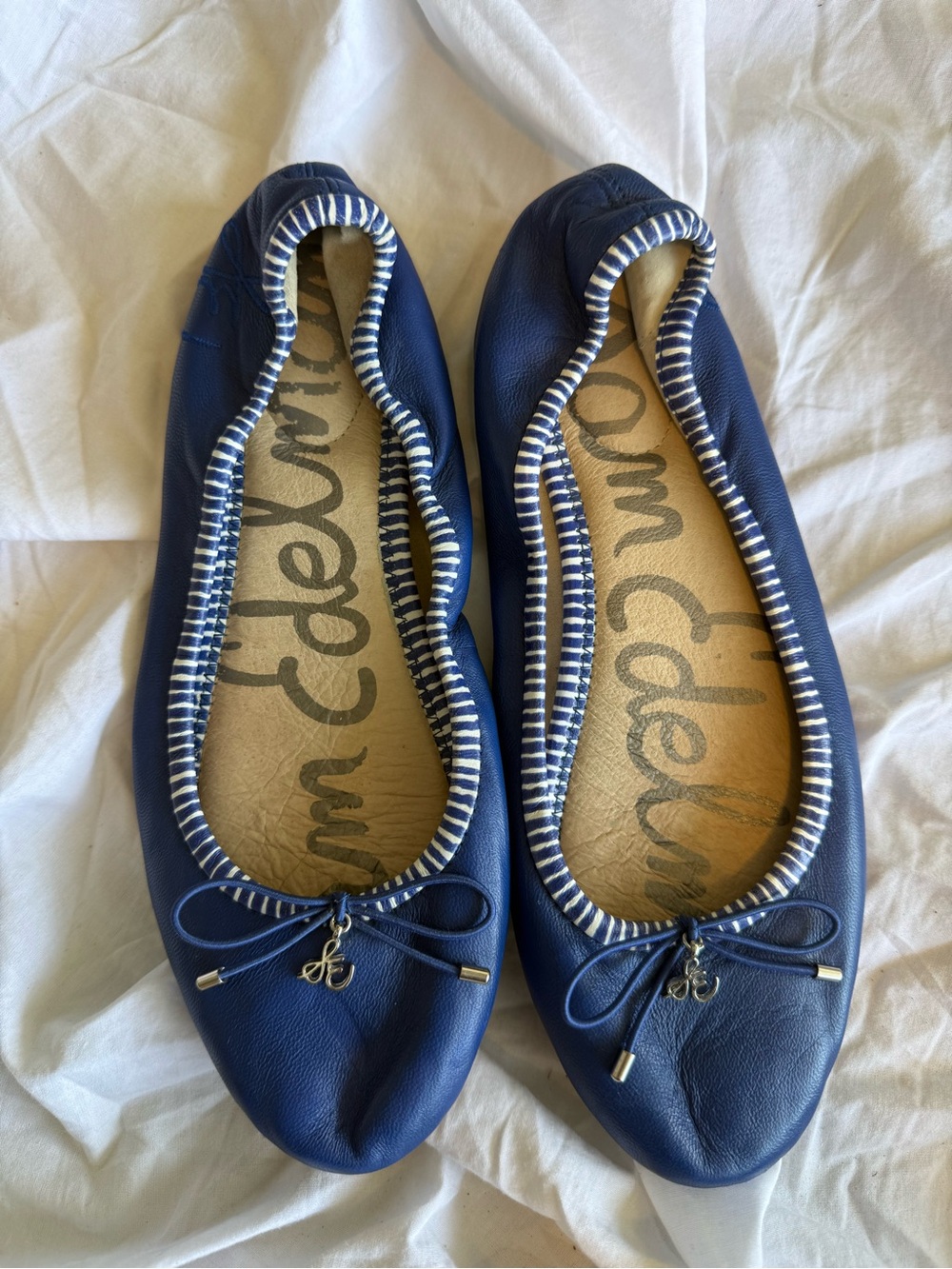 Sam Edelman Blue Leather Ballet Flats with Striped Trim